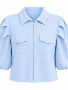 Aleeza Paris Baby Blue Puff Sleeve Zip Front Knit Top-sample XS